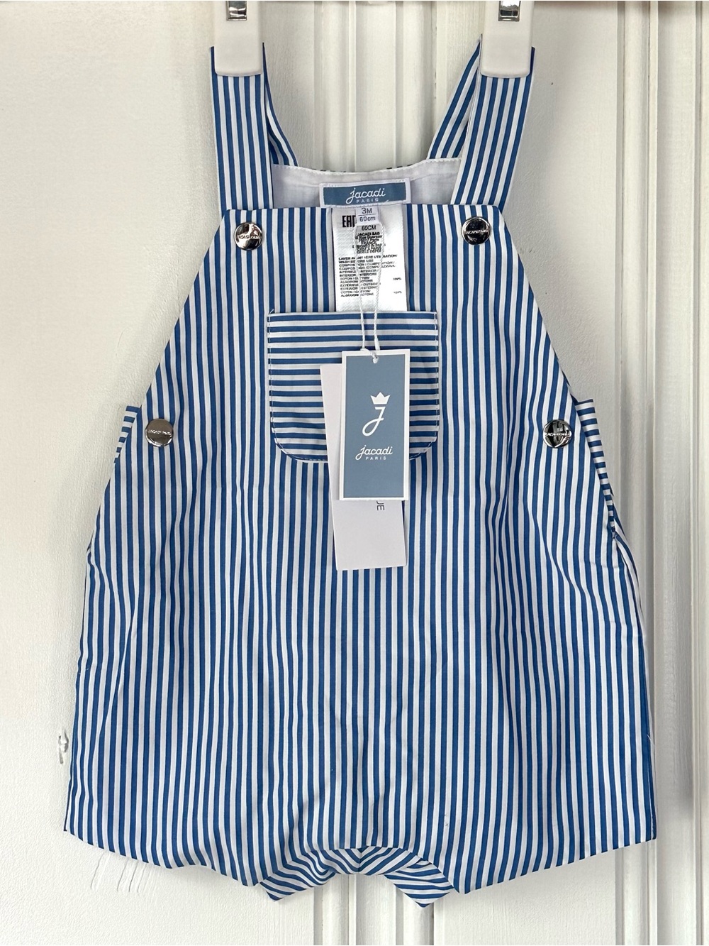 NWT Jacadi 3M Blue & White Striped Cotton Overalls